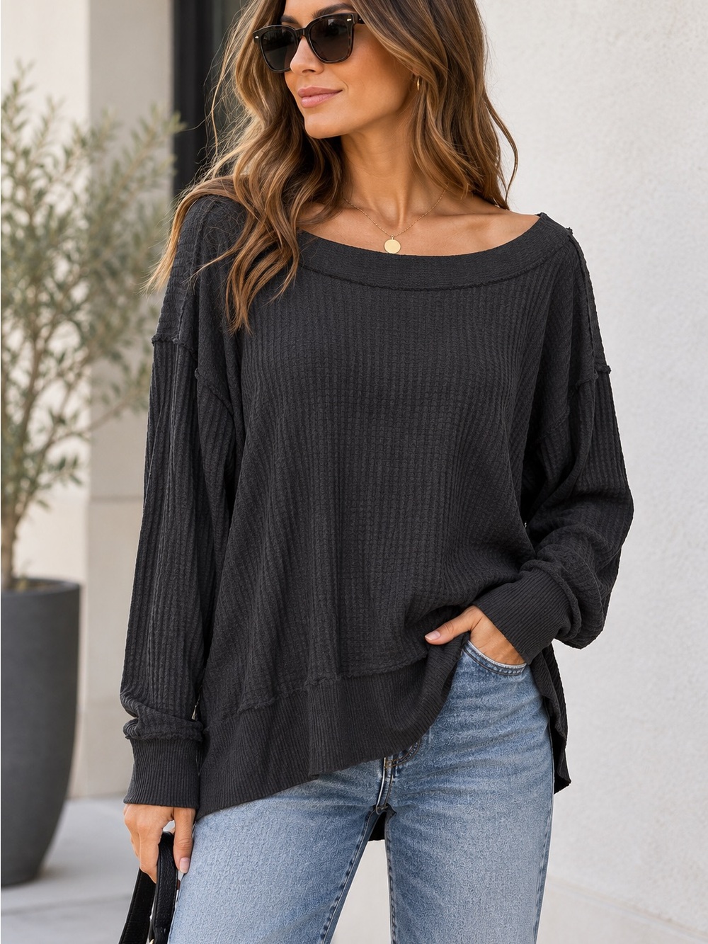 Free People We The Free North Shore Black Oversized Thermal Top S